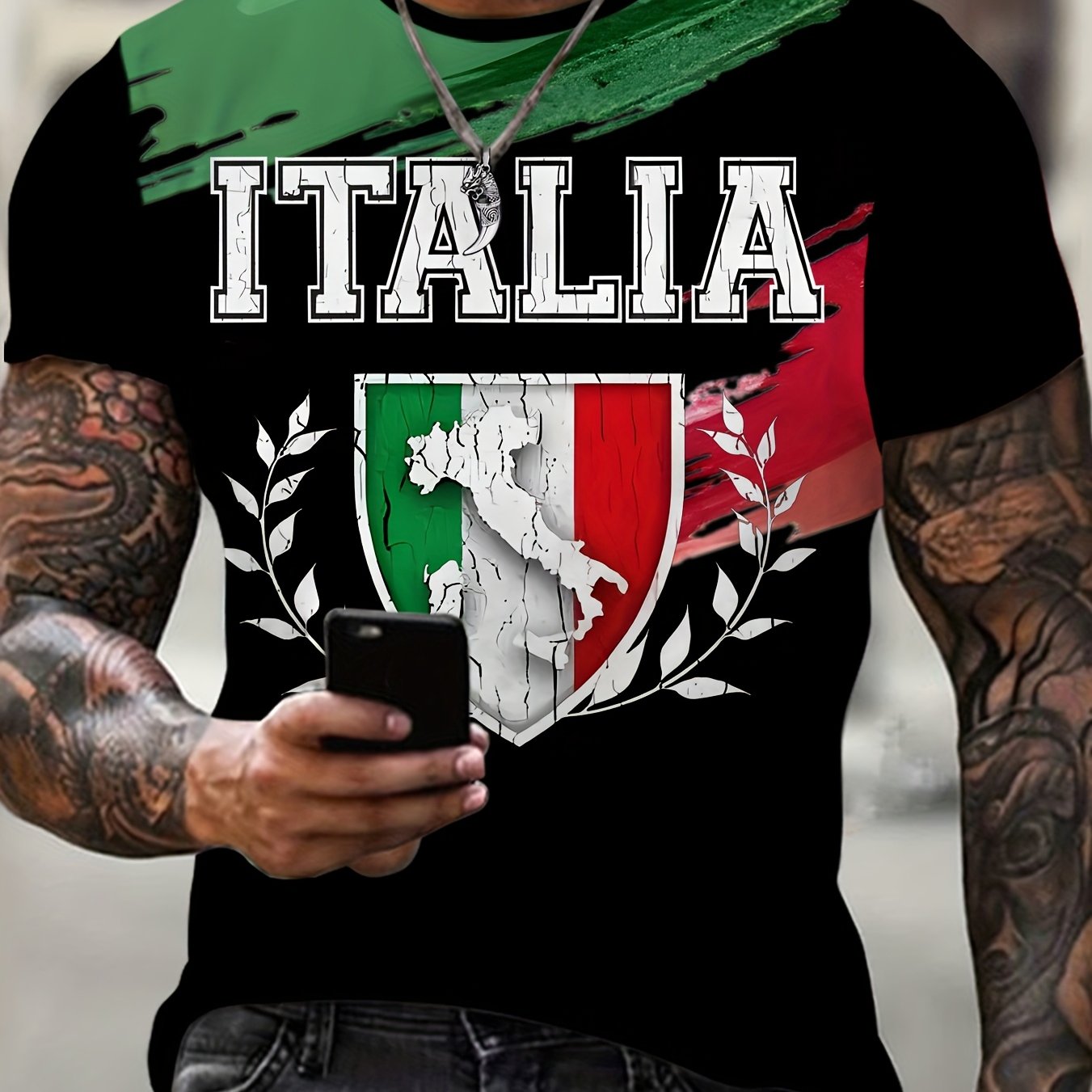 Men's Plus Size Casual T-Shirt Short Sleeve Italian Print Polyester Spandex