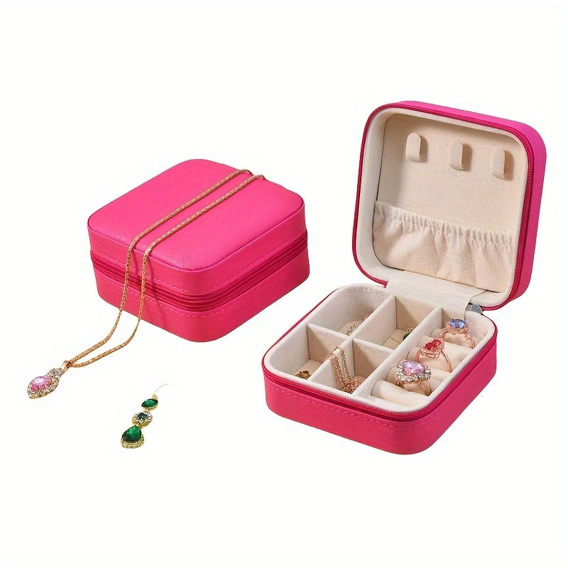 Faux Leather Jewelry Organizer Box for Travel with Compartments and Snap Closure