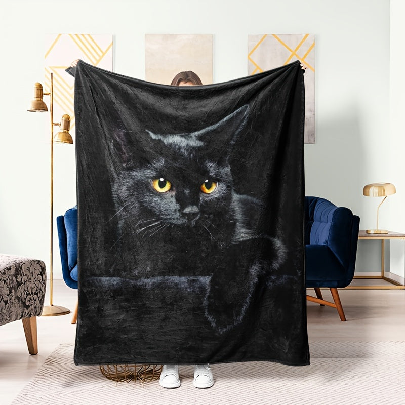 Black Cat Print Flannel Throw Blanket for Couch Bed Car Office Camping