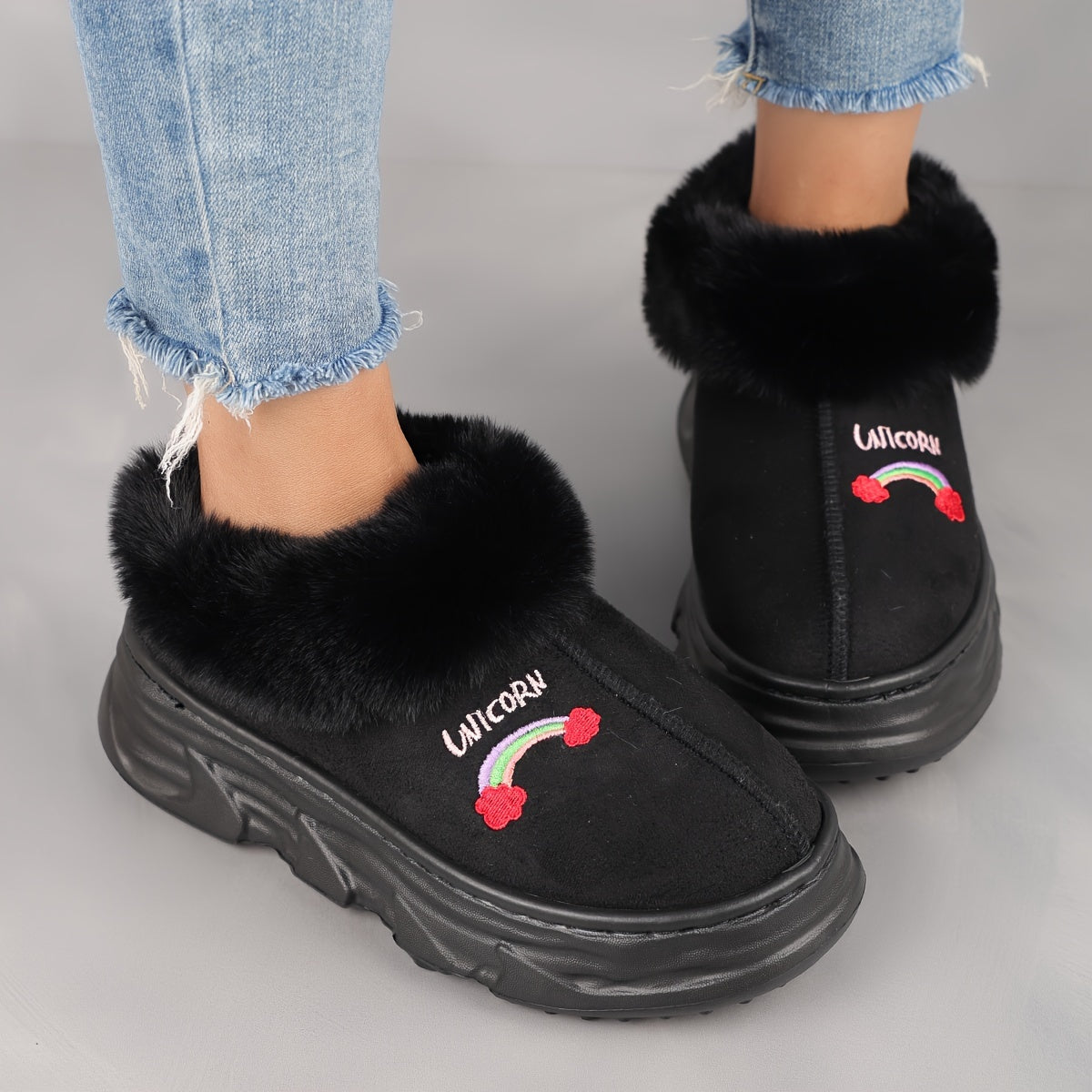 Unisex Short Snow Boots Warm Thick-Soled Winter Boots Rainbow Cartoon Black White