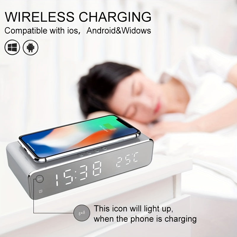 Wireless Charging Station with Alarm Clock Thermometer and Earphone Holder