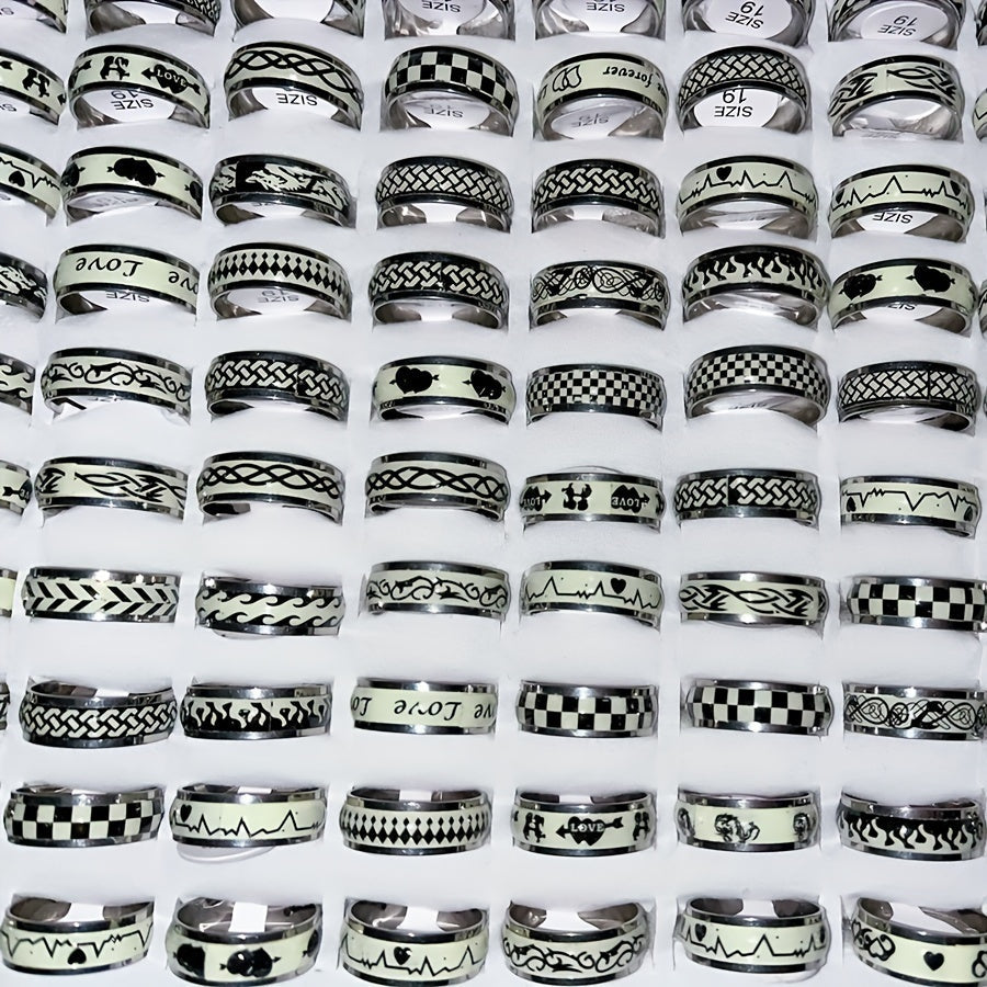 Glow-in-the-Dark Stainless Steel Rings Set of 10 or 20 for Punk and Hip Hop Style