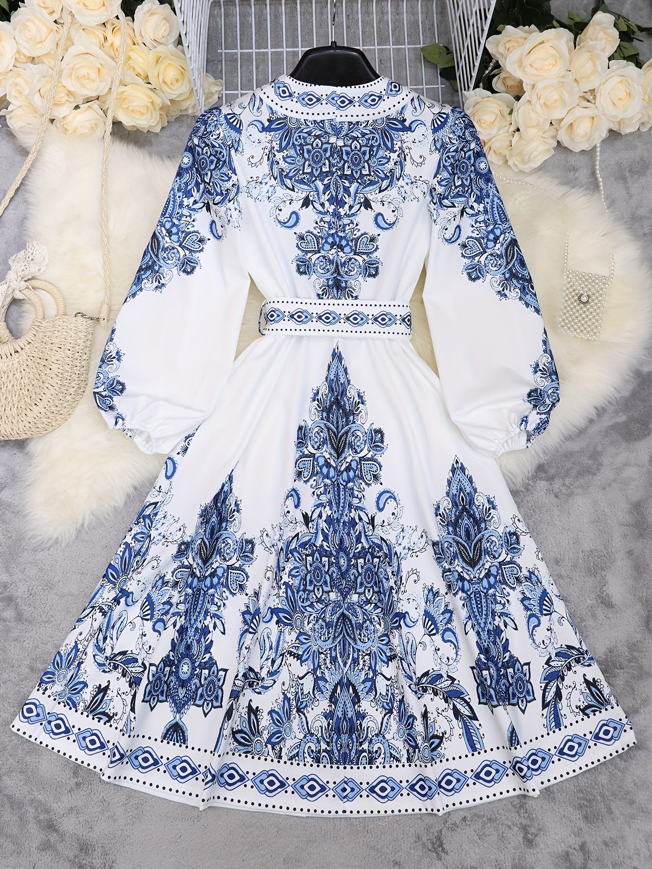 Women's Bohemian Floral Print Midi Dress with Belt V-Neck Short Sleeve Summer Vacation Casual