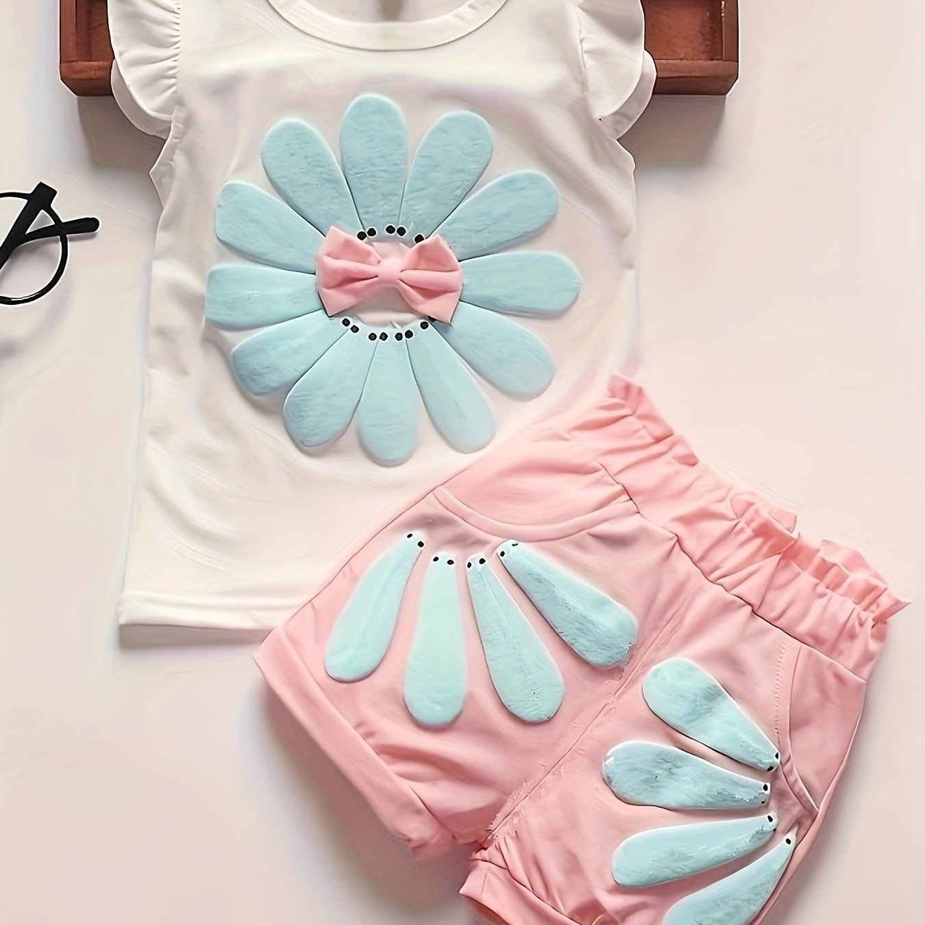 Girls Summer Two-Piece Set Cotton Sunflower Print Top and Shorts Casual Outdoor Wear