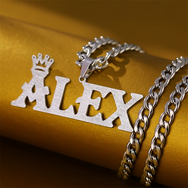 Personalized Name Necklace with Crown Pendant Stainless Steel Silver Plated Unisex Jewelry