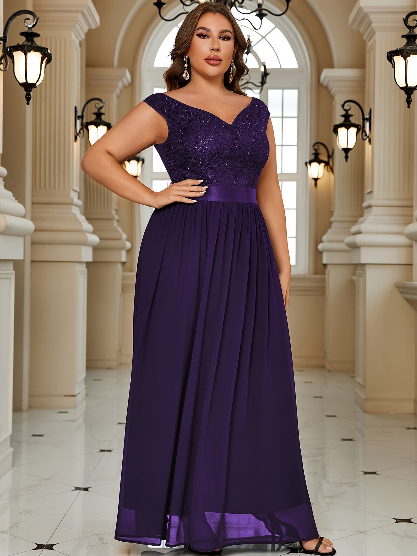 Women's Black Lace Off-Shoulder Gown Floor-Length Fit And Flare Plus Size