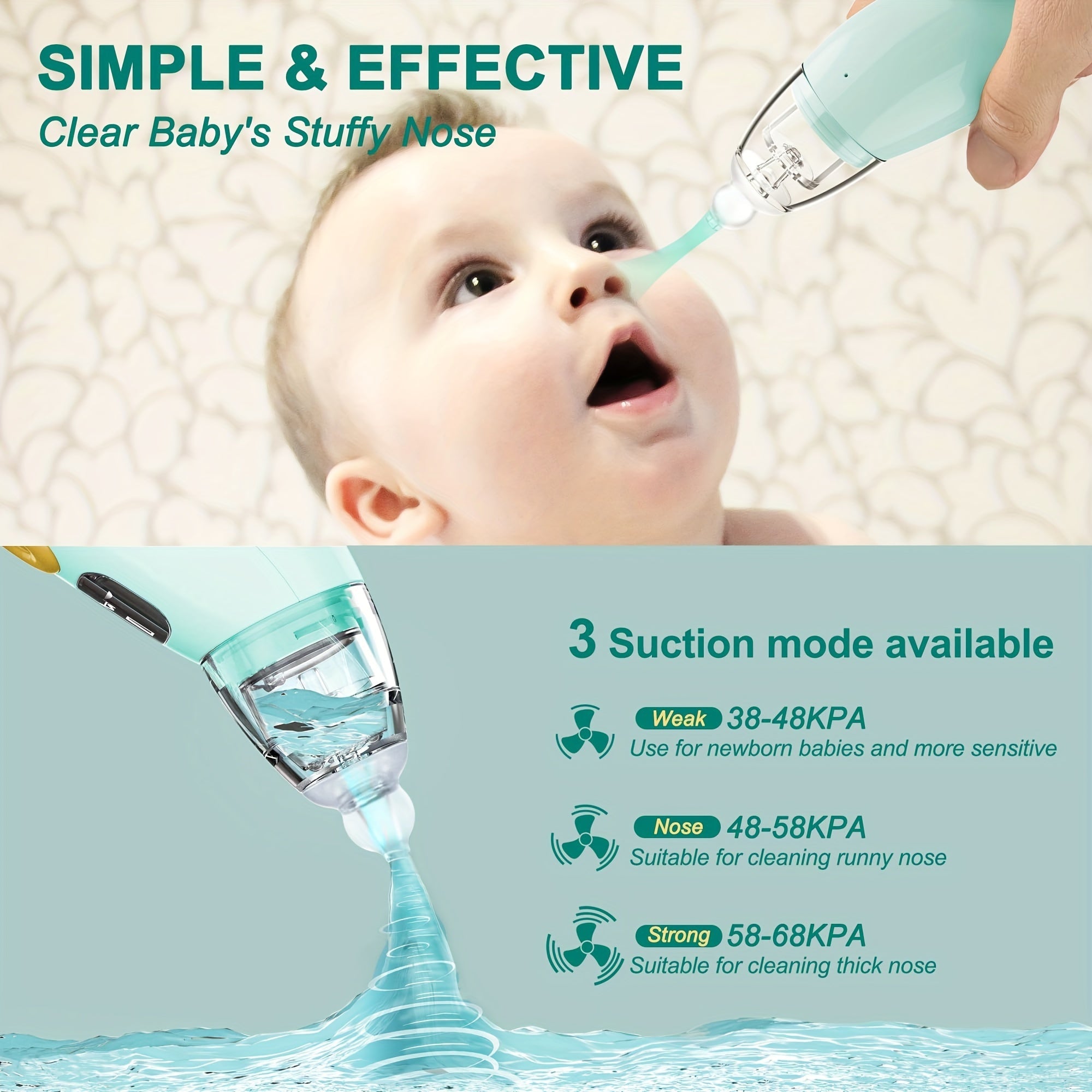 Electric Nose Sucker for Babies with Music Light, 3 Silicone Tips, Adjustable Suction