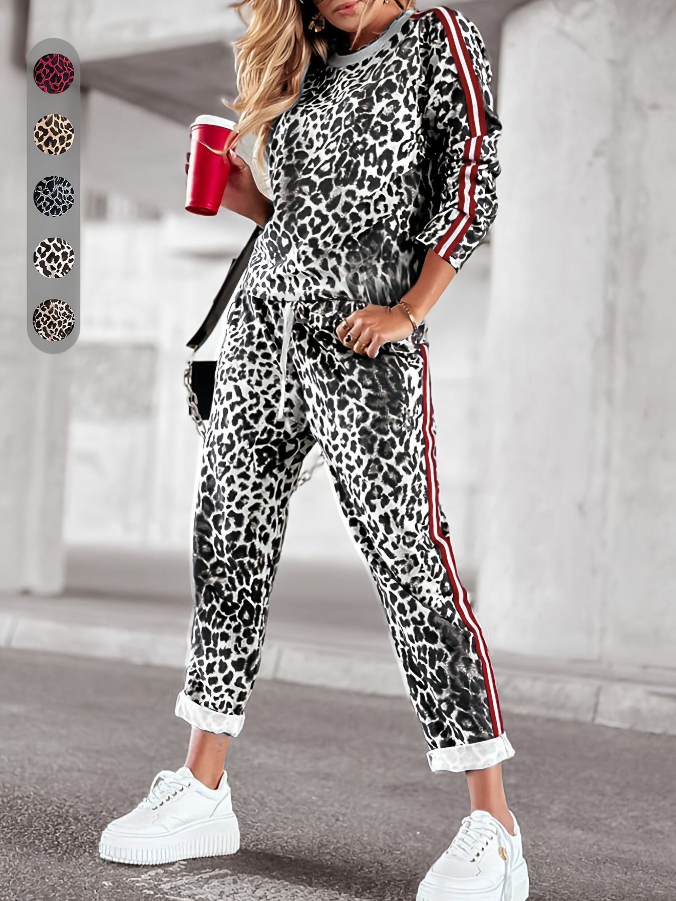 Women's Long Sleeve Leopard Print Two-Piece Set with Pockets for Spring and Fall