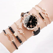 Set of 6 Women's Quartz Watches with Petal Number Dial and Leather Bracelets