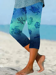 Women's Plus Size Capri Leggings with Turtle Print, Blue Green Gradient, Stretchy Fabric