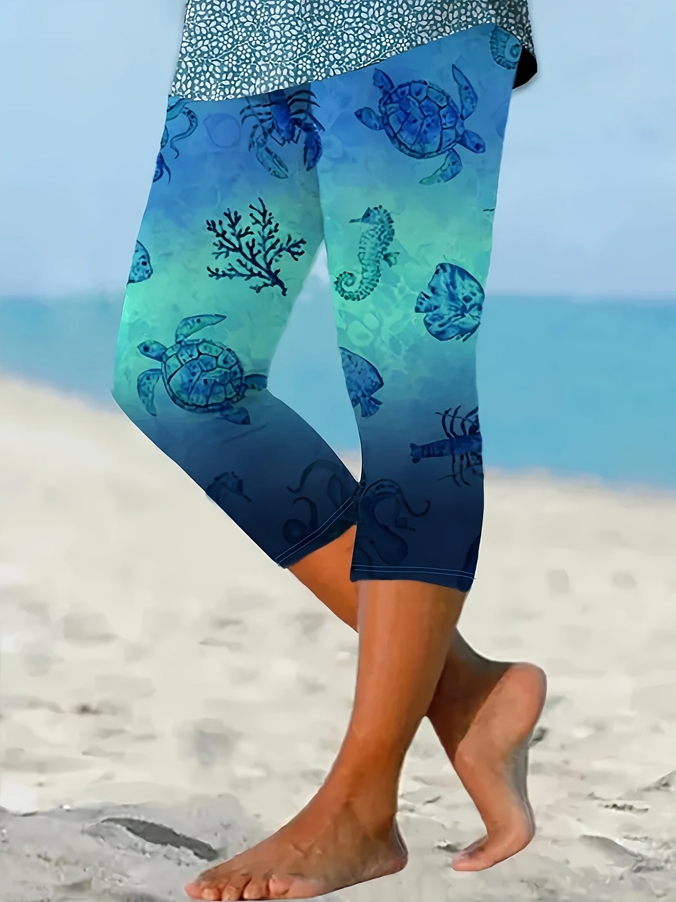 Women's Plus Size Capri Leggings with Turtle Print, Blue Green Gradient, Stretchy Fabric