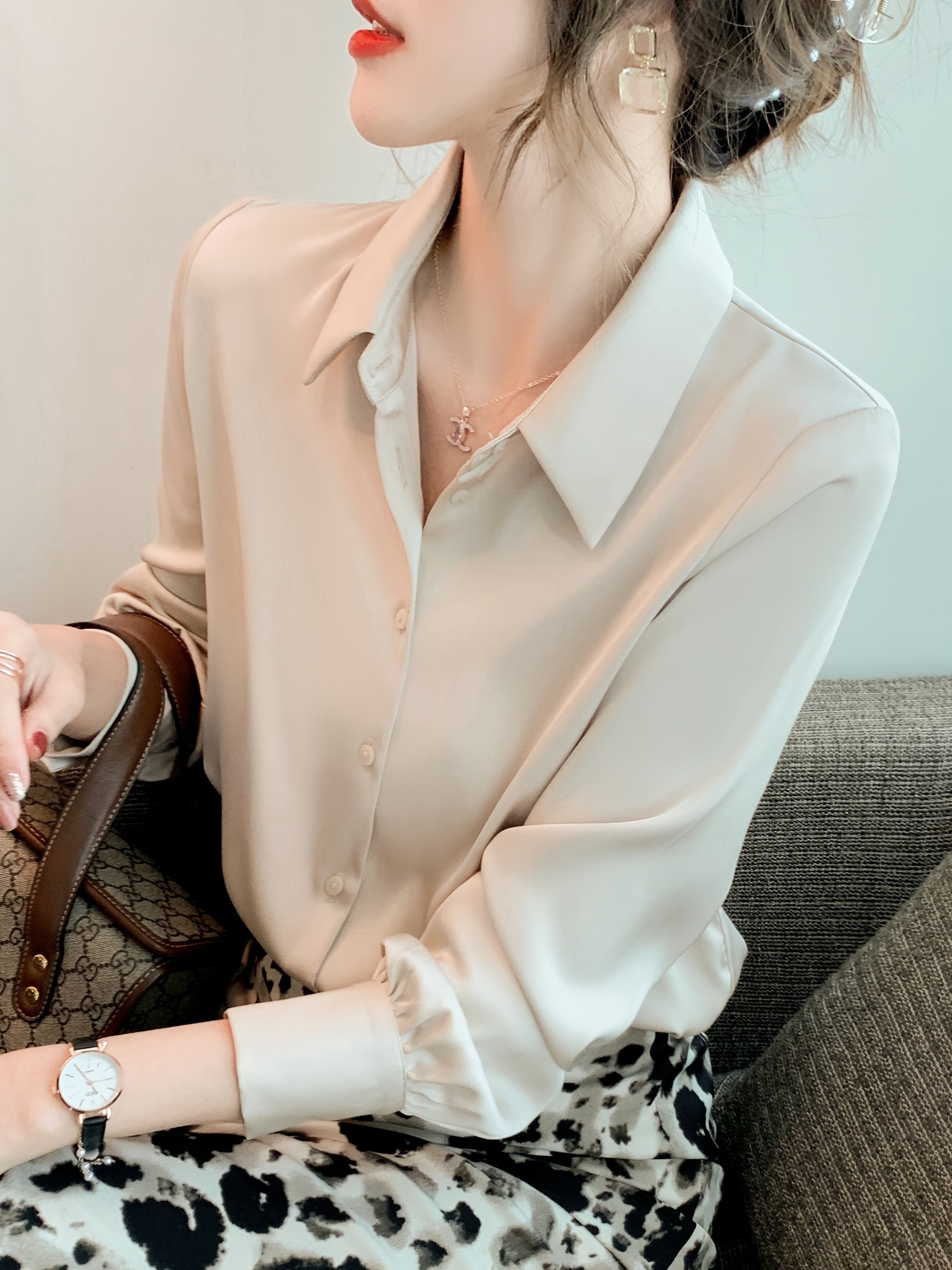 Women's Solid Color Long Sleeve Blouse Made of 100% Polyester with Lapel Collar and Button Details