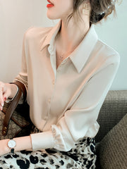 Women's Solid Color Long Sleeve Blouse Made of 100% Polyester with Lapel Collar and Button Details