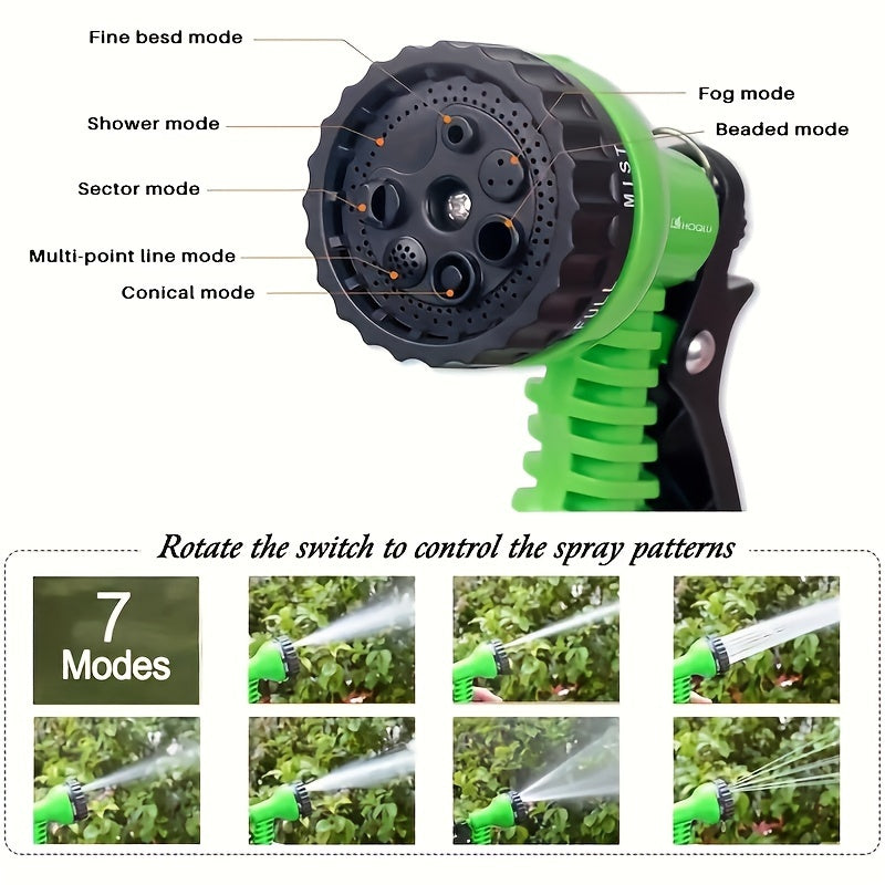 Expandable Green Rubber Garden Hose 30ft with High-Pressure Spray Gun and Anti-Kink Nozzle