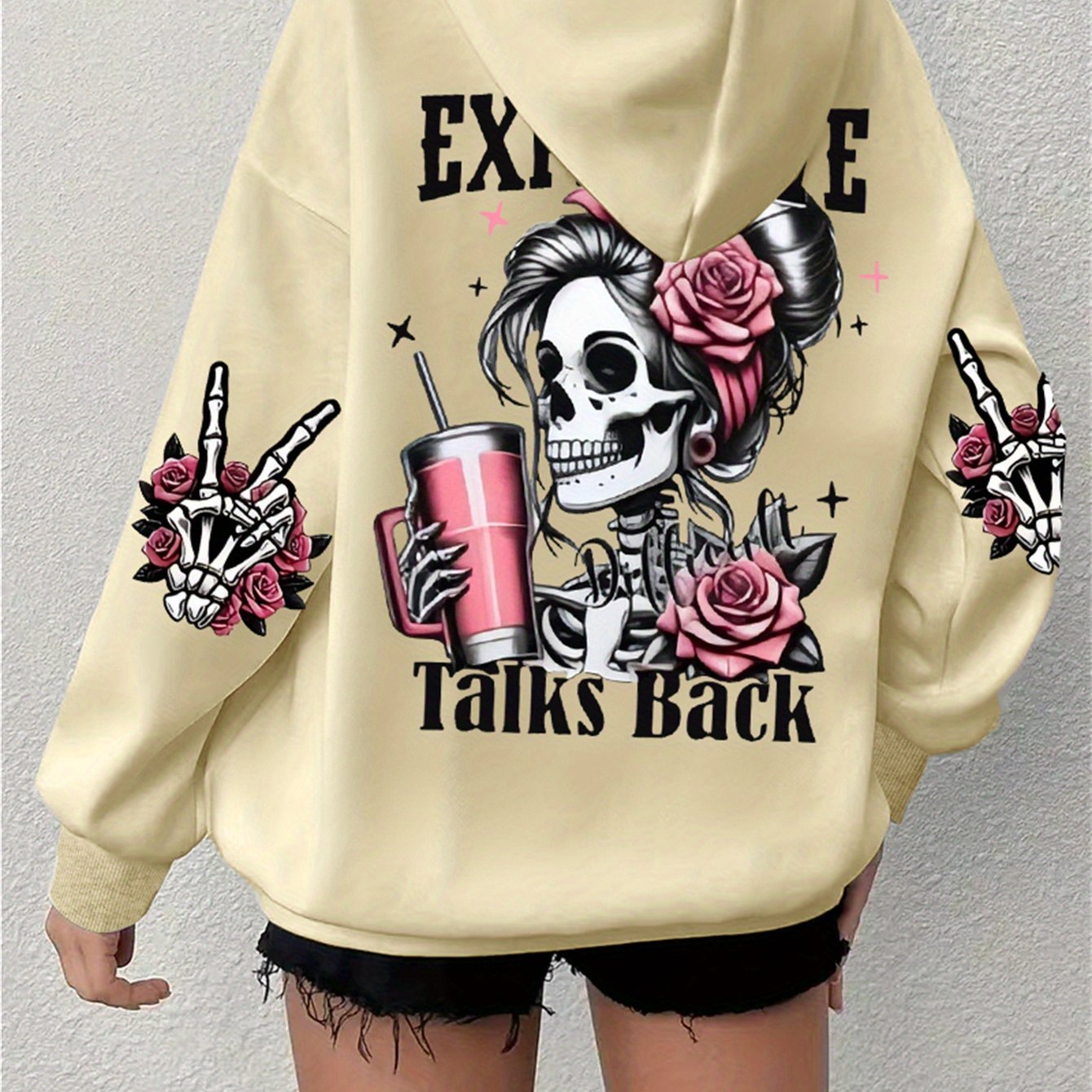 Plus Size Skull Print Drawstring Hoodie Casual Long Sleeve Fall Winter Women's Clothing