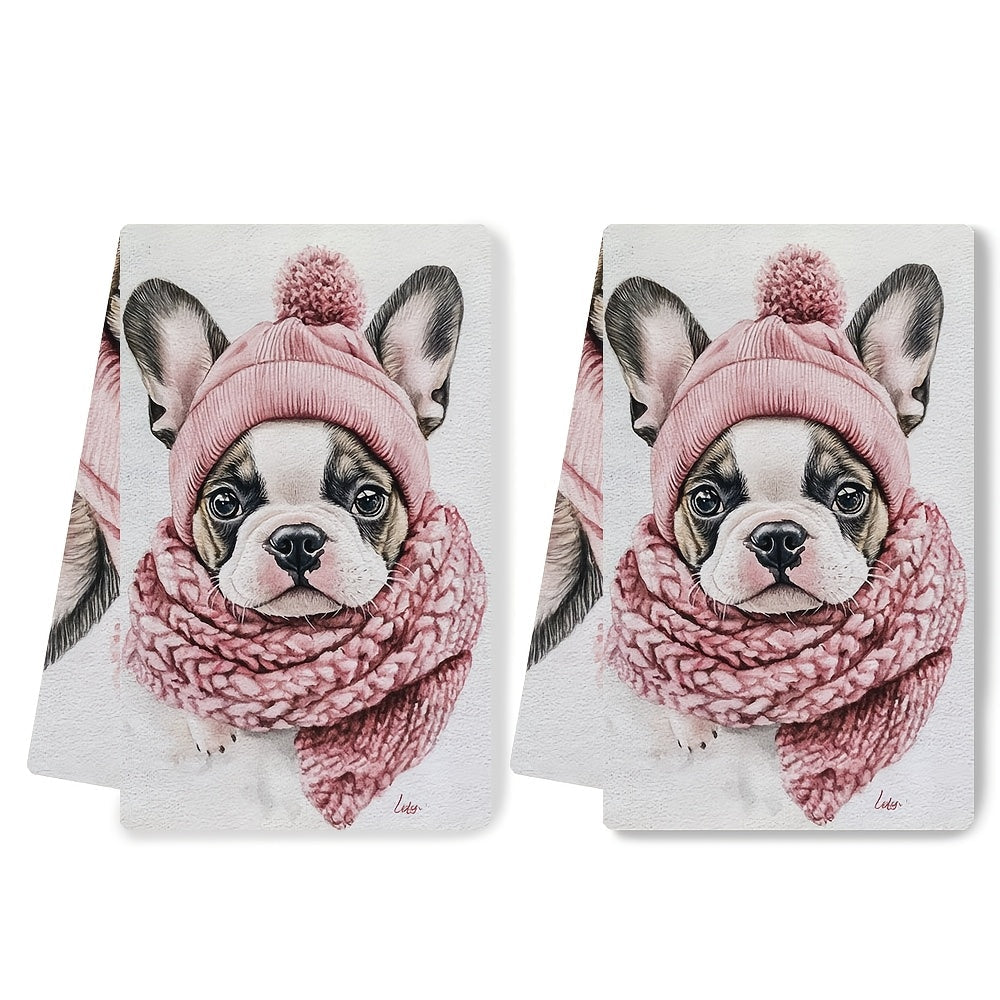 Set of 2 Ultra Soft Kitchen Towels with French Bulldog Puppy Design, Absorbent, 40x60 cm
