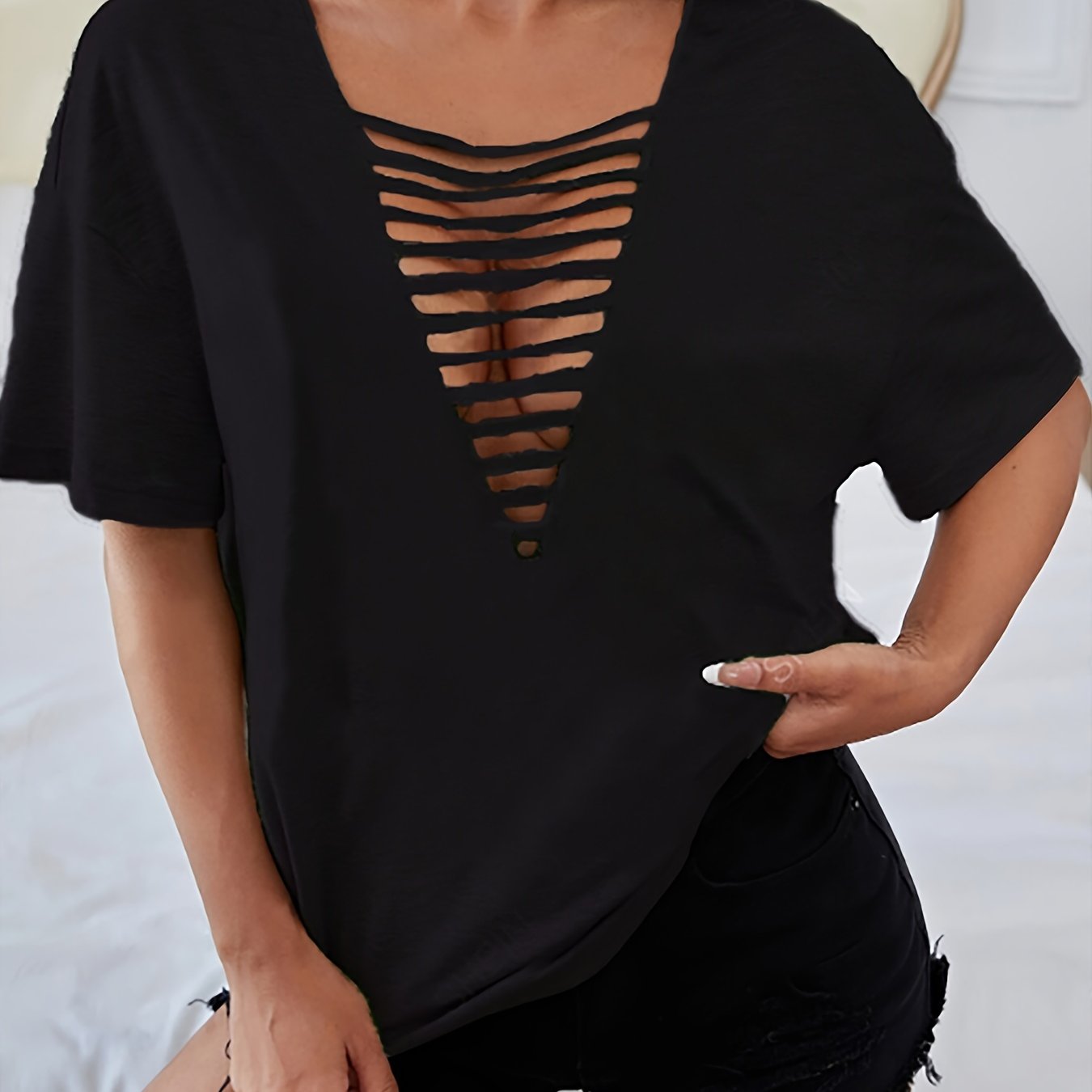 Plus Size Women V-Neck Crop Top with Front Cut-Out Black Short Sleeve