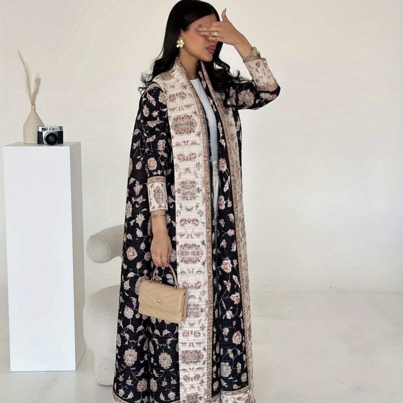 Women's Printed Chiffon Abaya with Pleats for Ramadan and Travel