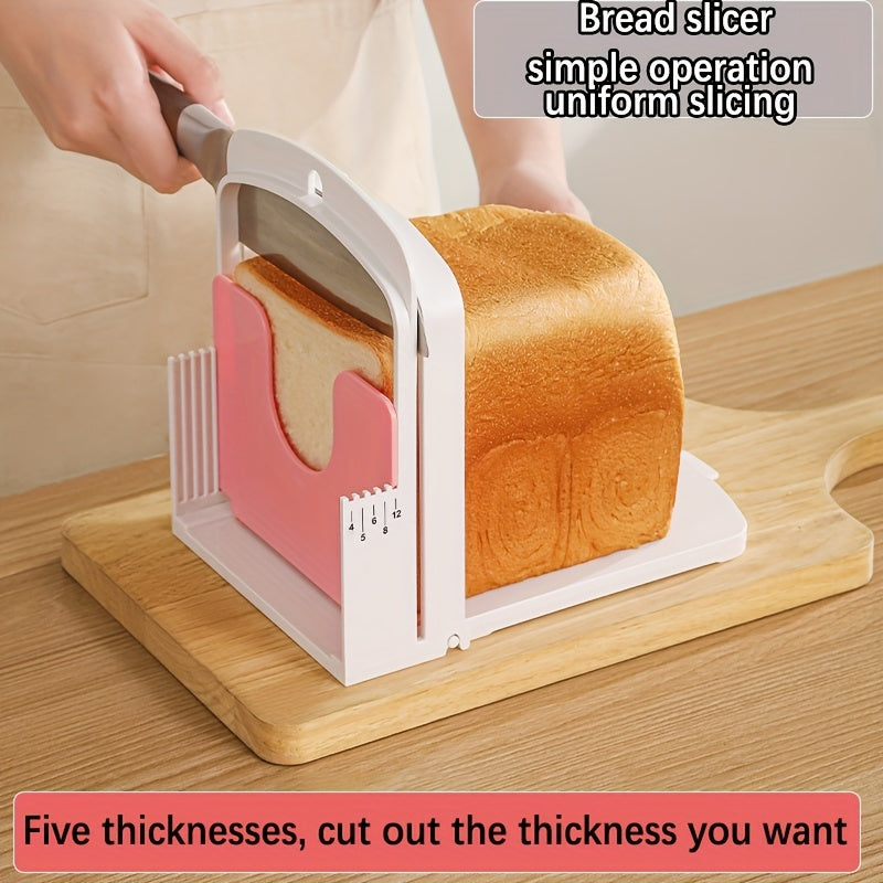 Bir hil qalinlikni nazorat qilish bilan yig'iladigan non kesgich, bardoshli ABS plastmassadan tayyorlangan, pushti va oq dizaynda. Mukammal bo'laklar uchun muhim oshxona asbobi.