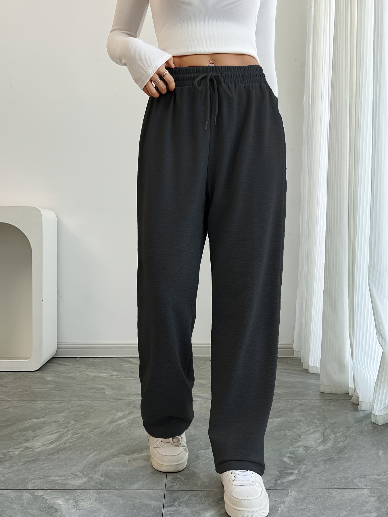 Men's Grey Polyester Joggers with Elastic Waistband Drawstring Long Casual Pants for Spring and Autumn