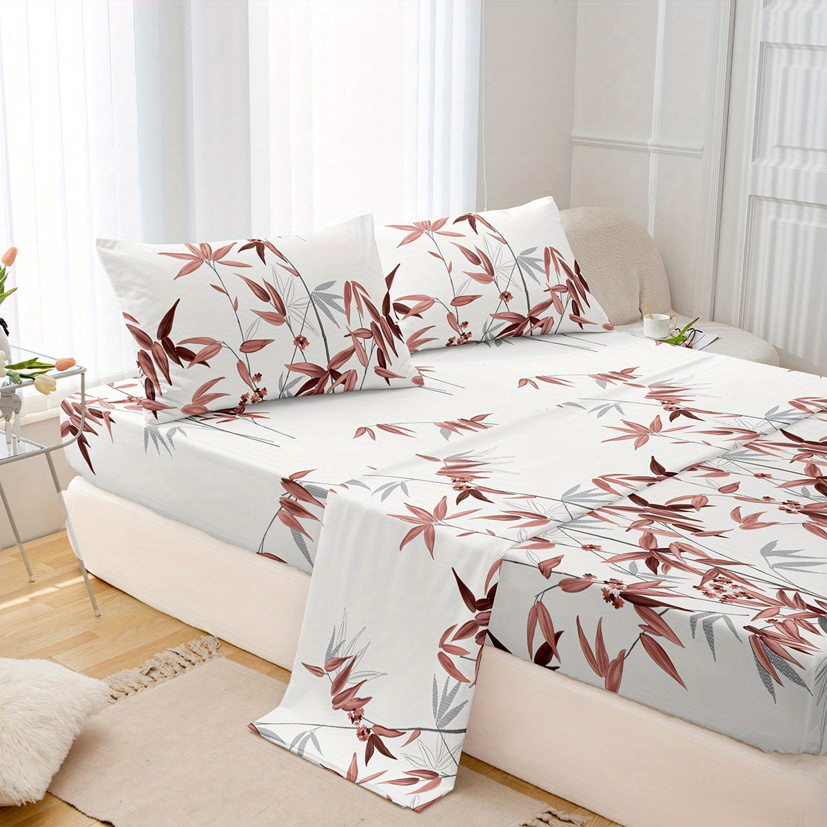 Conjunto de ropa de cama con estampado de hojas de bambú transpirable que incluye sábanas planas y ajustables, fundas de almohada, 4 piezas