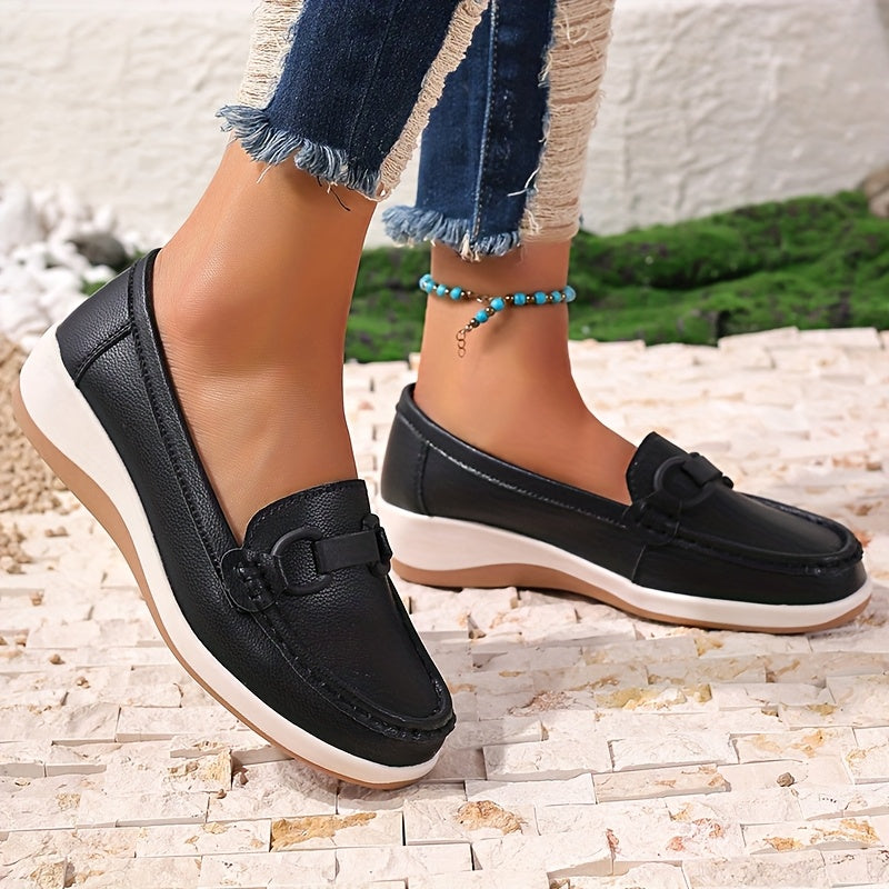Women's Slip-On Loafers PU Cover Flats with Buckle Non-Slip Casual Shoes