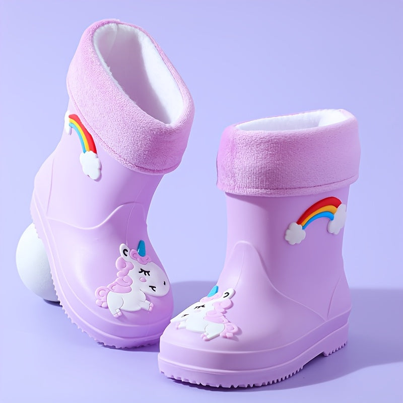 Kids' Rain Boots Unicorn Rainbow Plush Fleece Short PVC Slip-On Outdoor All-Season