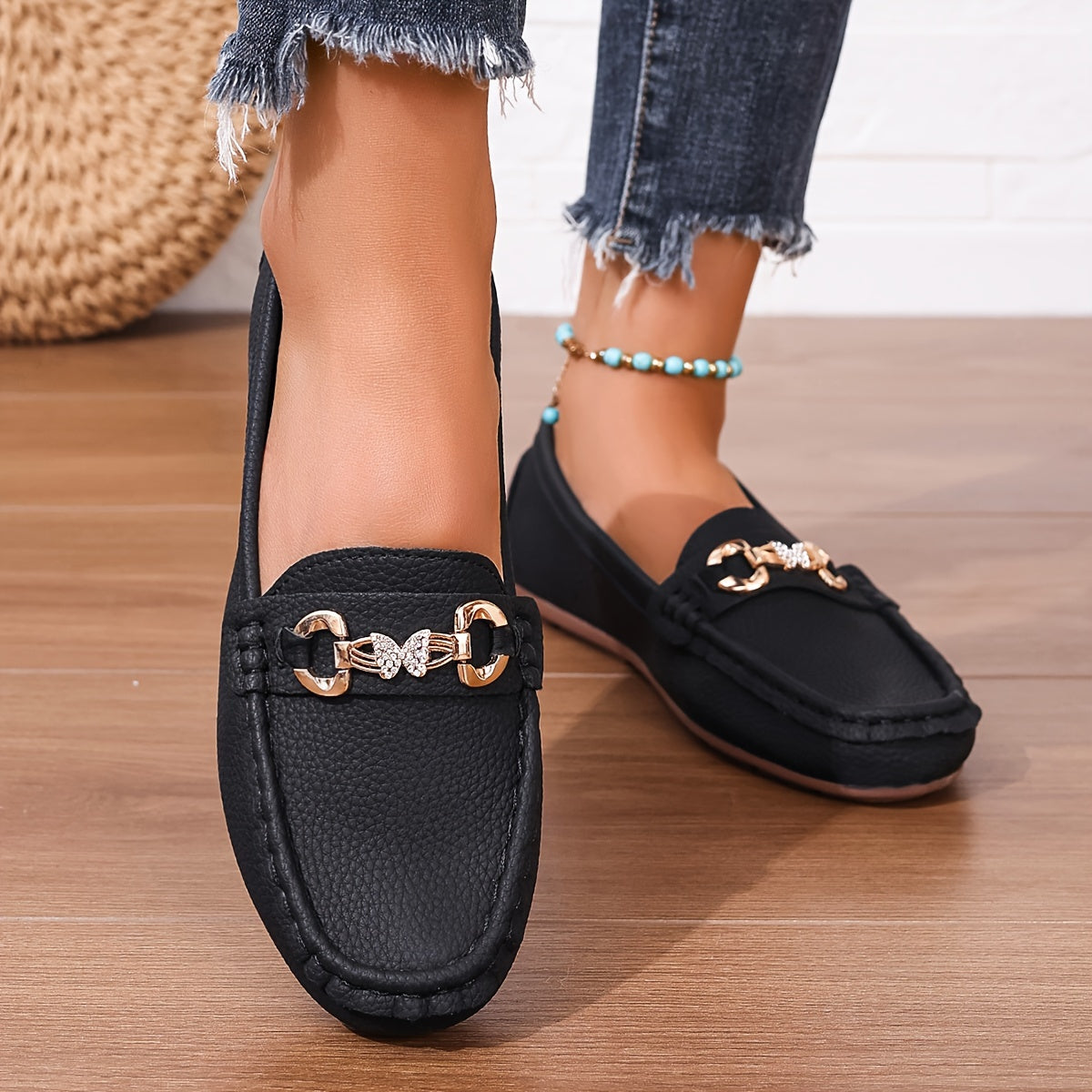 Women's Slip-On Shoes with Butterfly Decoration and Diamond Strap Lightweight All-Season Elegant Man Made Materials