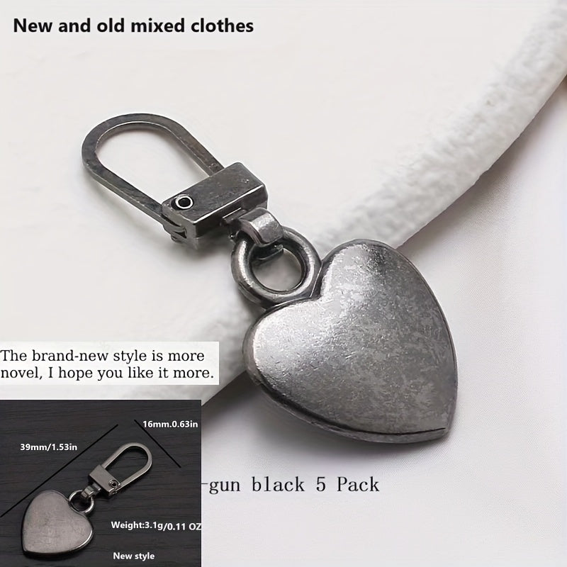 5 LuxeCraft Love Heart Metal Zipper Pulls semi-automatic olib tashlanadigan snap tirqishlari bilan. Qutilar, sumkalar, kurtkalar, kiyimlar, poyabzal va botinkalar uchun o'rnini bosuvchi. Yuqori sifatli snap aksessuarlar.