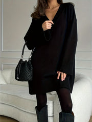 Women's V-Neck Long Sleeve Knitted Sweater Dress In Neutral Color
