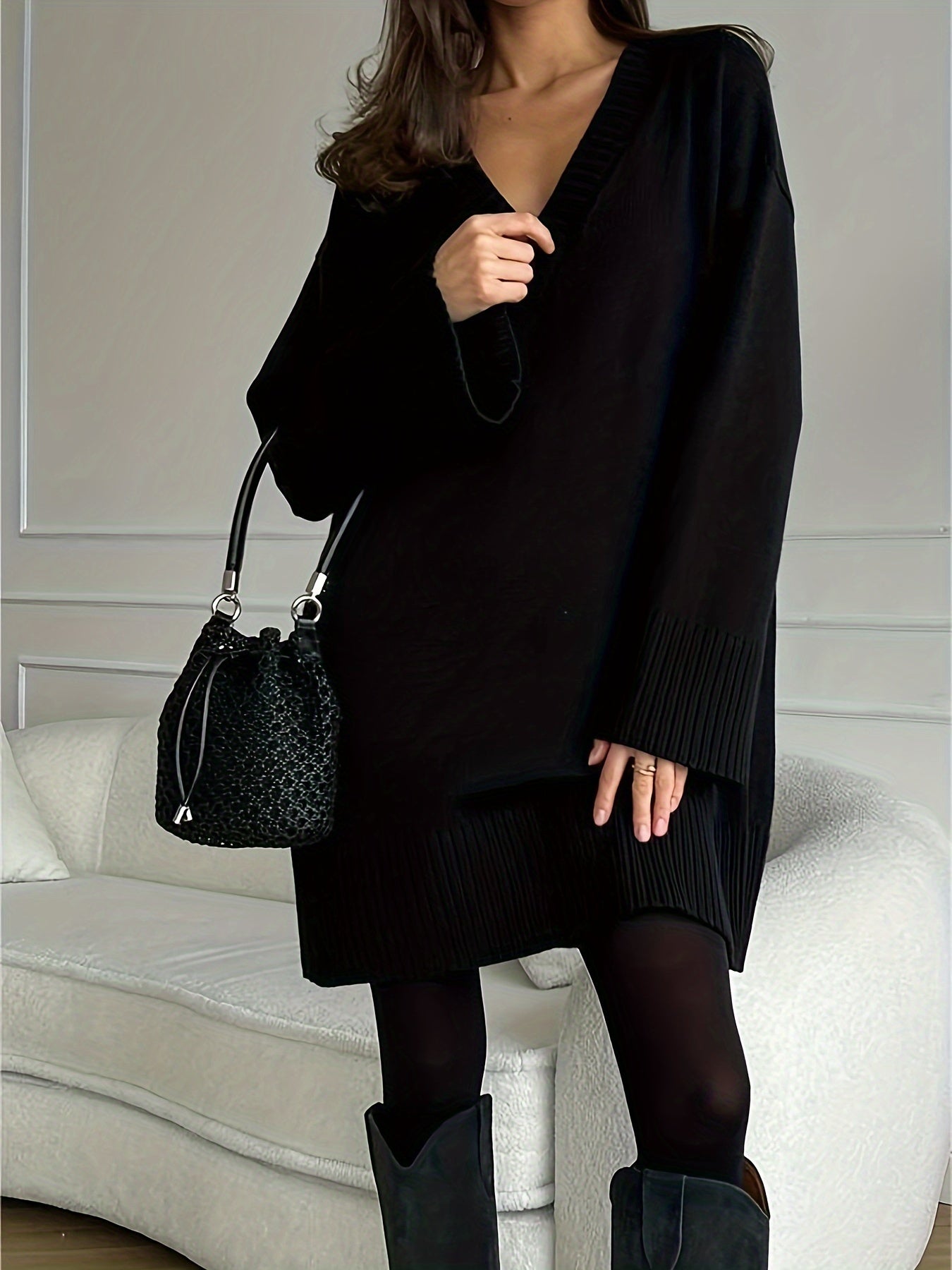 Women's V-Neck Long Sleeve Knitted Sweater Dress In Neutral Color