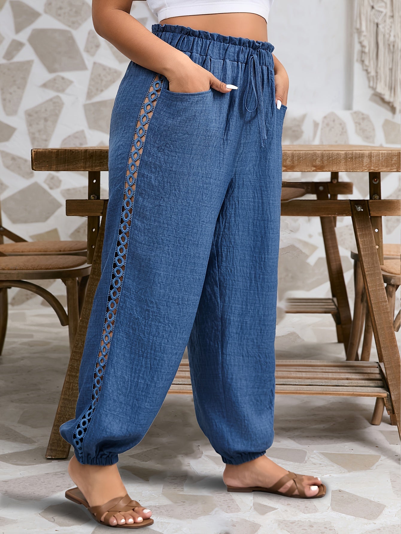 Pantalones acampanados de talla grande para mujer, pantalones casuales de color sólido con cintura elástica