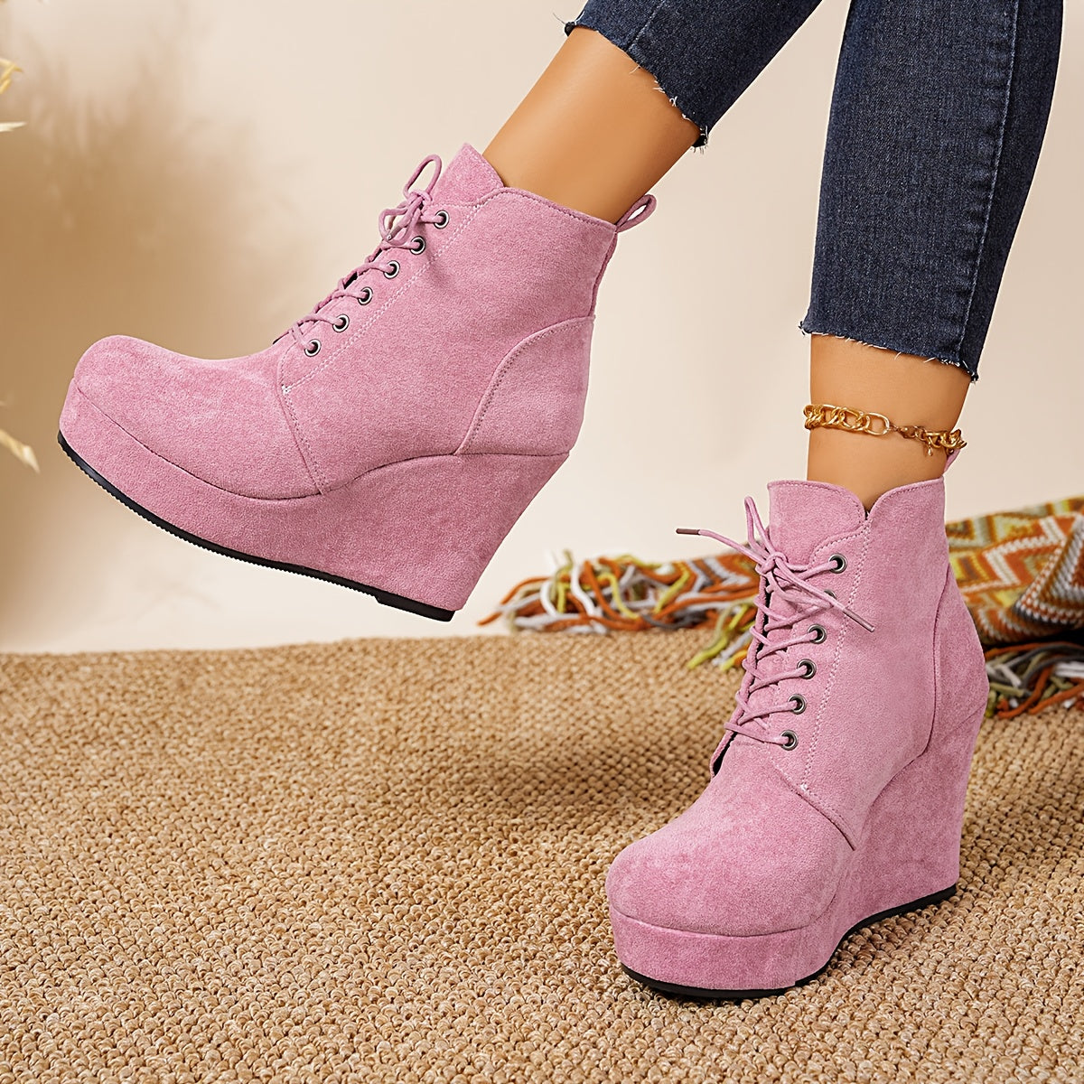 Women's Winter Plush-Lined Platform Wedge Boots with Thick Heel