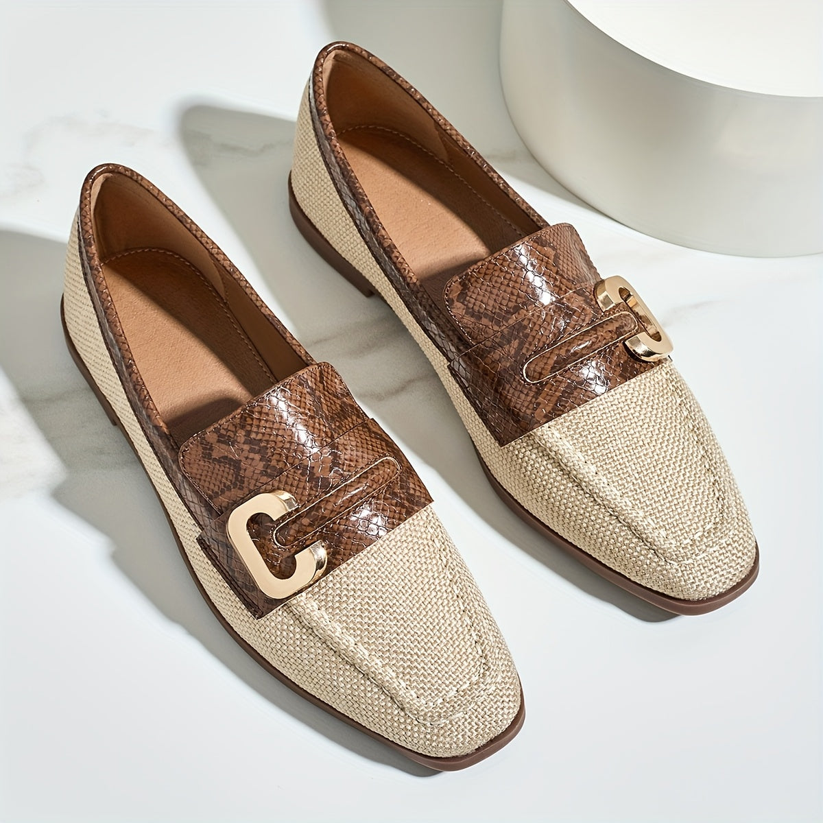 Women's Brown Snakeskin Slip-On Loafers with Gold "C" Buckle Lightweight Casual Shoes