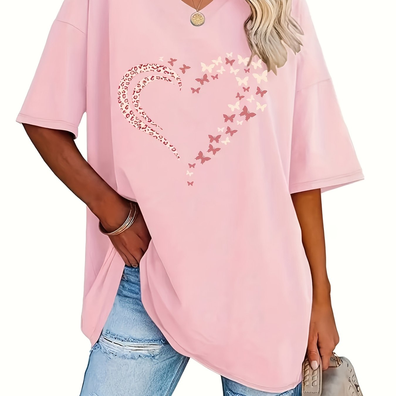 Women V-Neck Short Sleeve Loose T-Shirt Top for Spring Summer