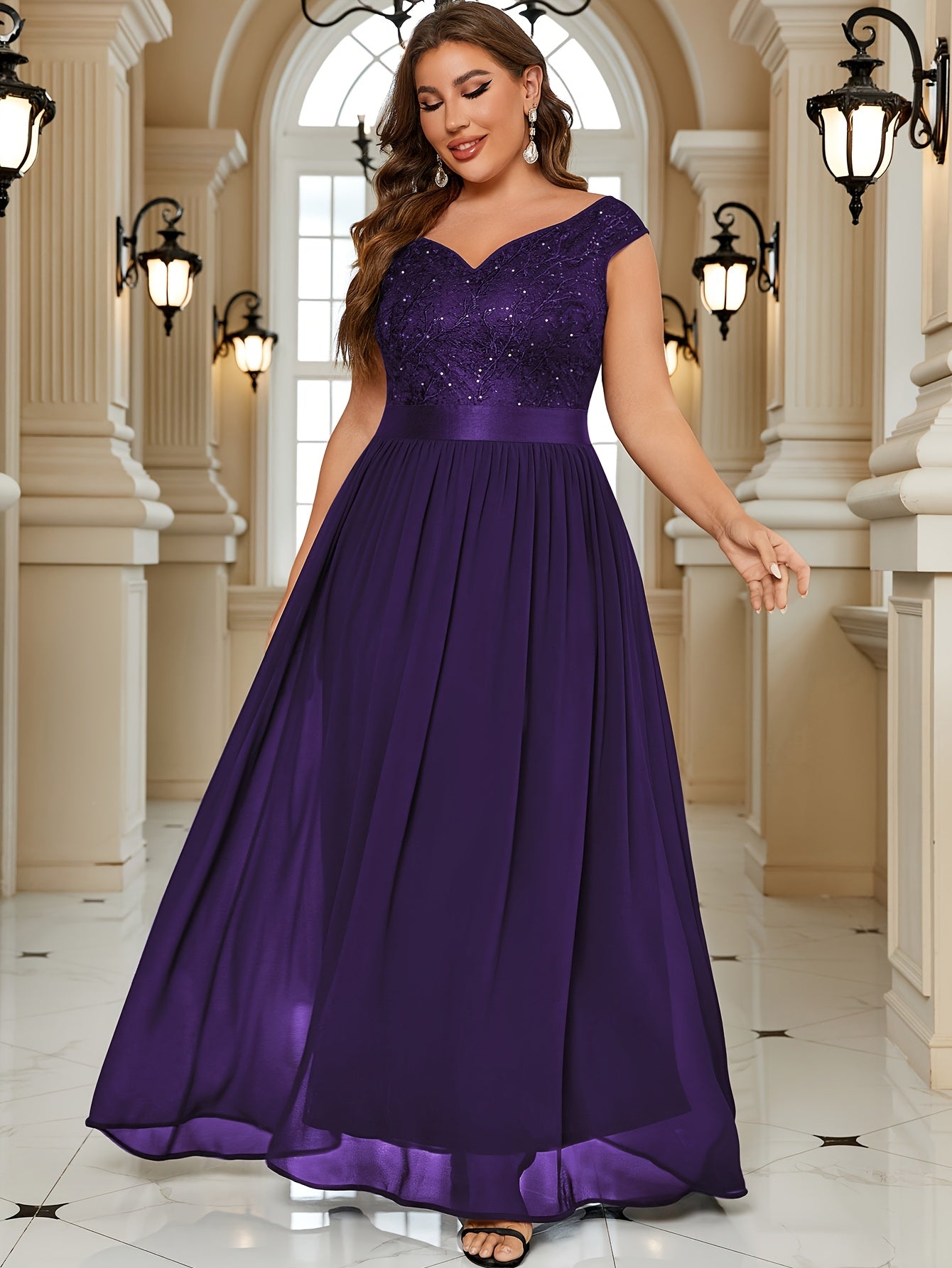 Women's Black Lace Off-Shoulder Gown Floor-Length Fit And Flare Plus Size