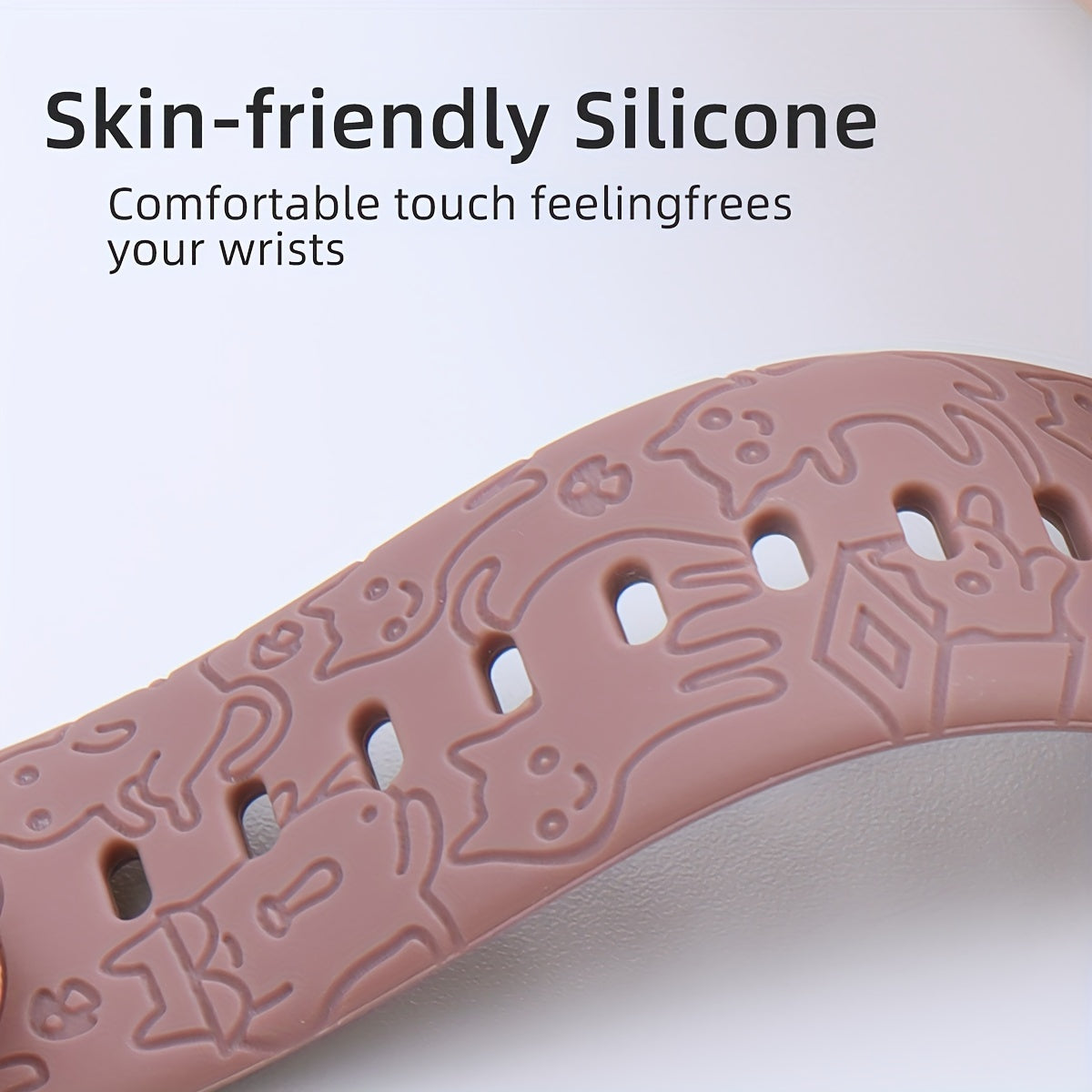 Engraved Silicone Watch Band with Kitten Pattern for iWatch Compatible with Multiple Sizes