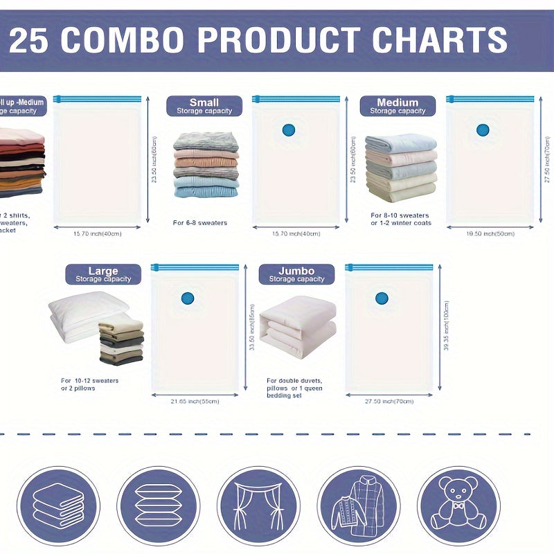 25 ta vakuum siqish saqlash sumkasi to'plami, kiyimlar, ko'rpa, ko'ylaklar uchun havo o'tkazmaydigan saqlashni ta'minlaydi. Yotoqxonalarda, shkaflarda, kiyimlar uchun joylarda, yotoqxonalarda va sayohat uchun ideal. Joyni tejash uchun ajoyib tashkilotchi.