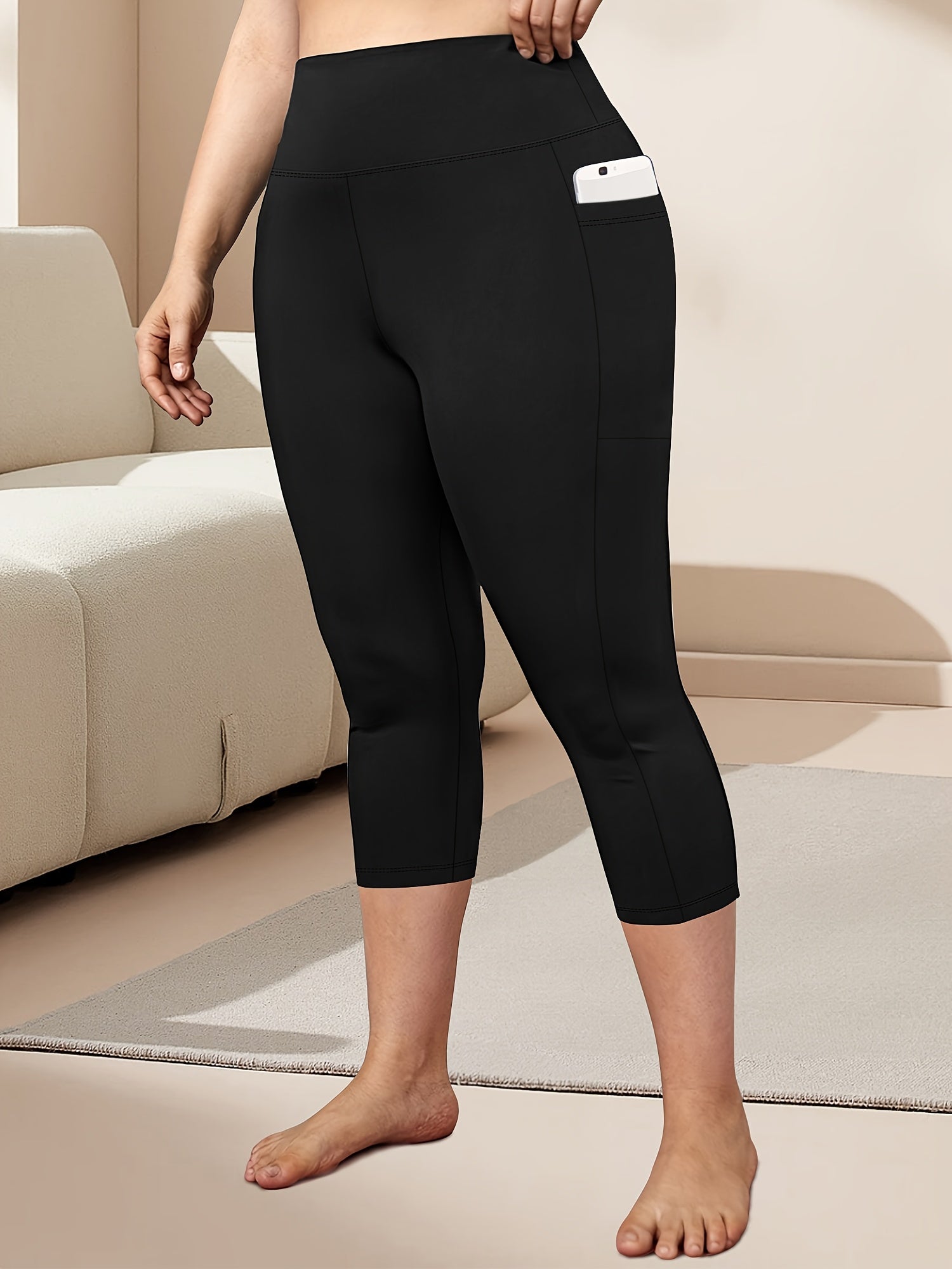 Ayollar uchun katta o'lchamli yuqori belli Capri legginslar, yon cho'ntaklar bilan