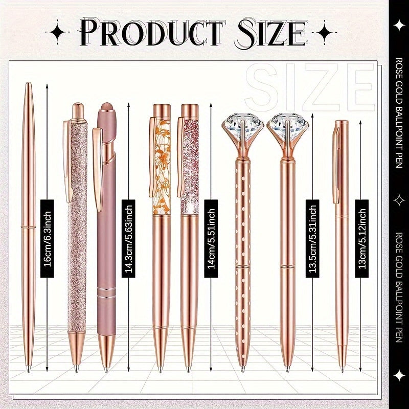8-Piece Rose Gold Metal Pen Set with Crystal Accents for Office Gifts and Weddings