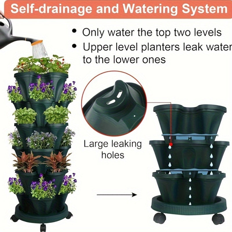 Set of 6-Tier Stackable Plastic Planters with Wheels for Indoor Outdoor Gardening