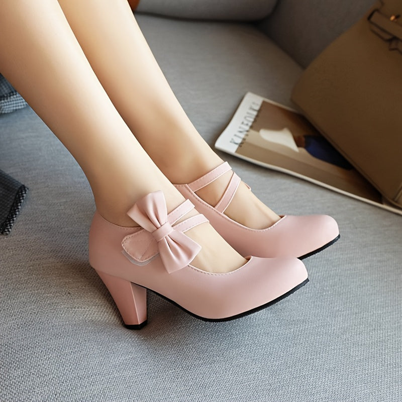 Women's PU Mary Jane Heels with Cross Strap Bow Casual Formal Shoes