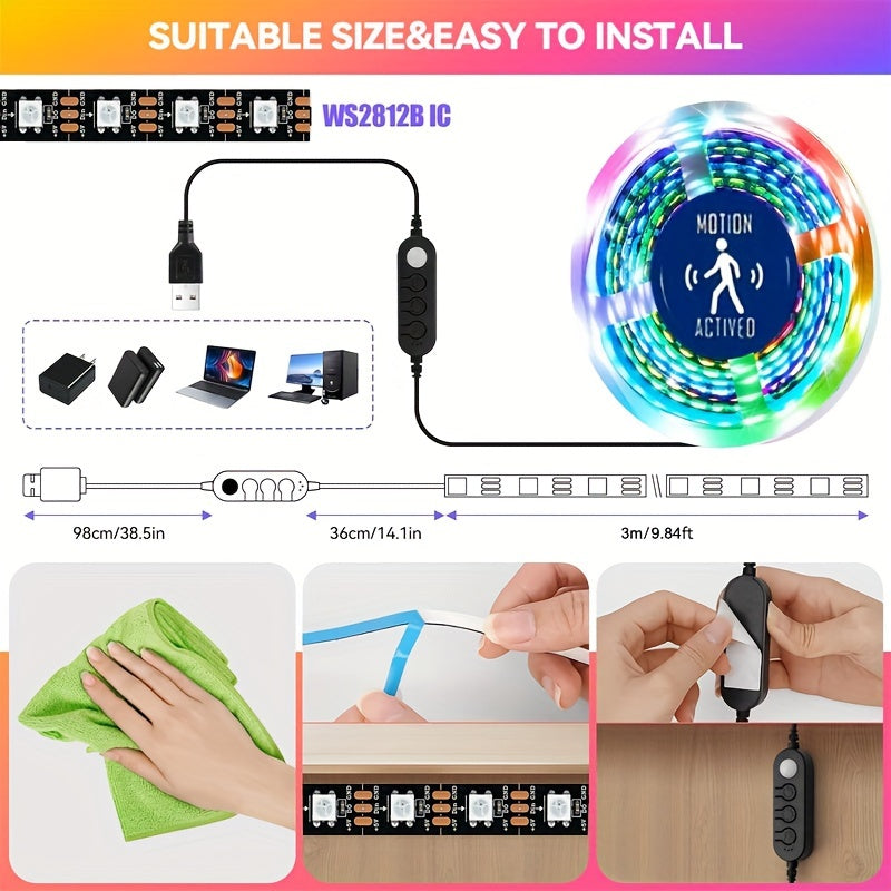 5M RGB LED Strip Lights with Motion Sensor Music Sync for TV Bedroom Gaming