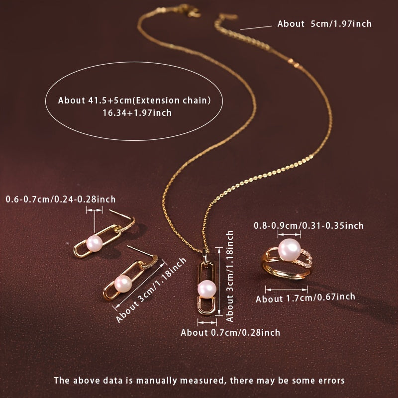 Women's Pearl Jewelry Set Necklace Earrings Ring Cubic Zirconia Gift Box