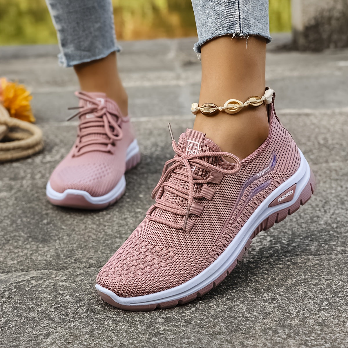 Women's Casual Knit Running Shoes with Lace-Up Patterned Design