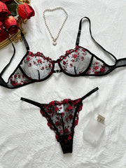 Women's Floral Embroidery Lingerie Set with Unlined Bra and Mesh Thong
