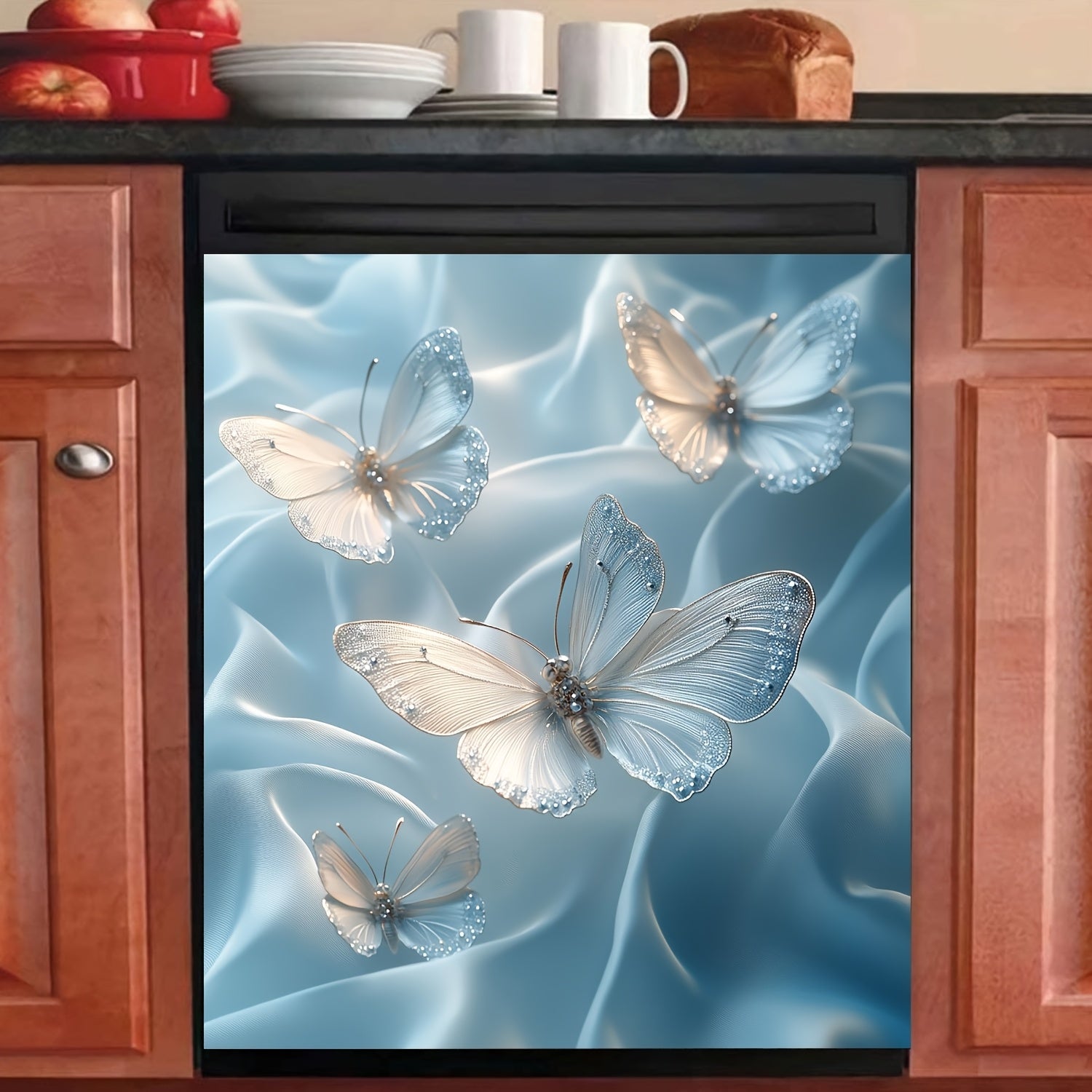 Butterfly Flower Magnetic Dishwasher Door Cover Sticker Waterproof Reusable PVC Kitchen Decor 58x65 cm