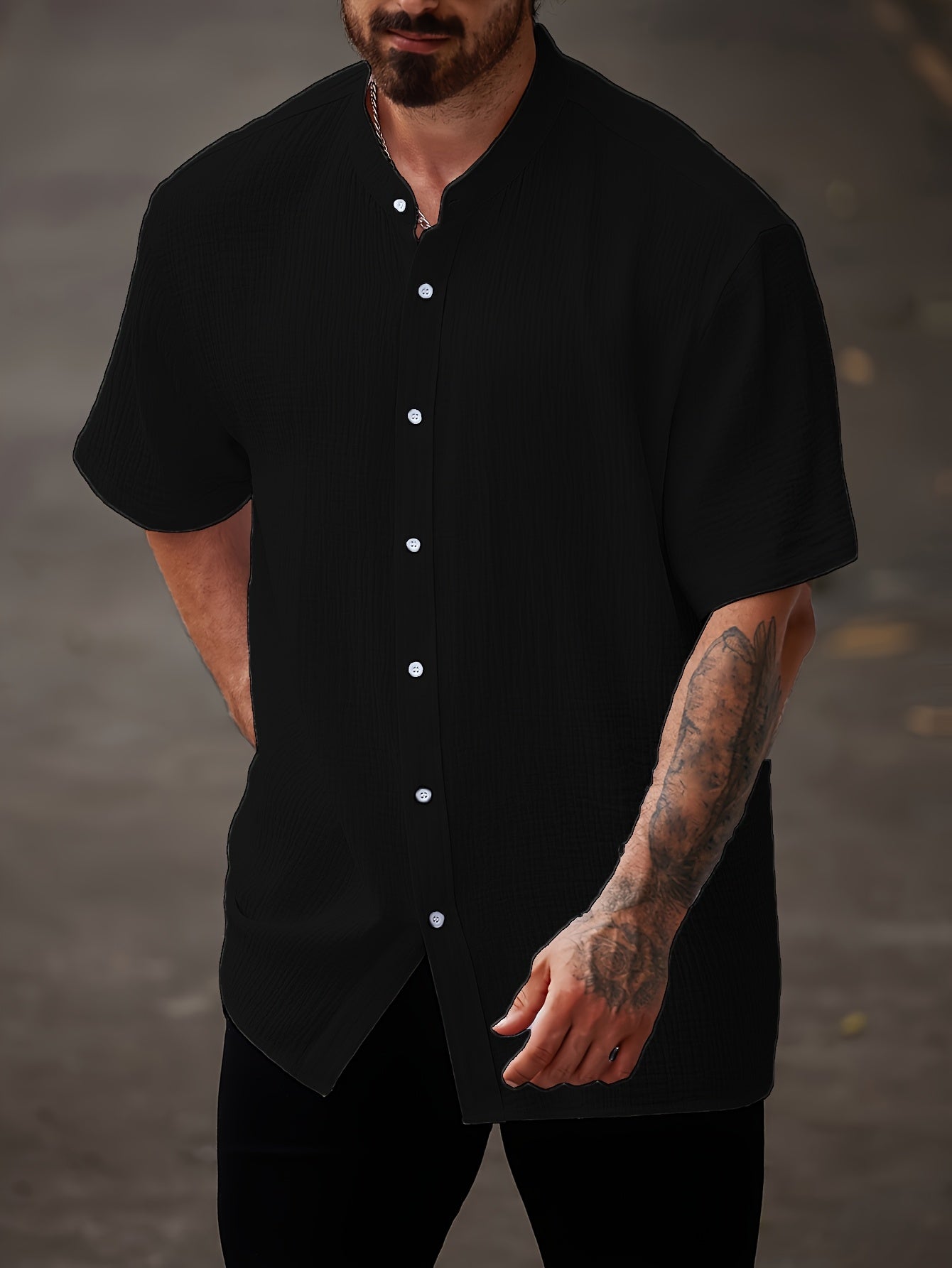 Men's Cotton Solid Color Textured Short Sleeve Casual Shirt Summer Plus Size