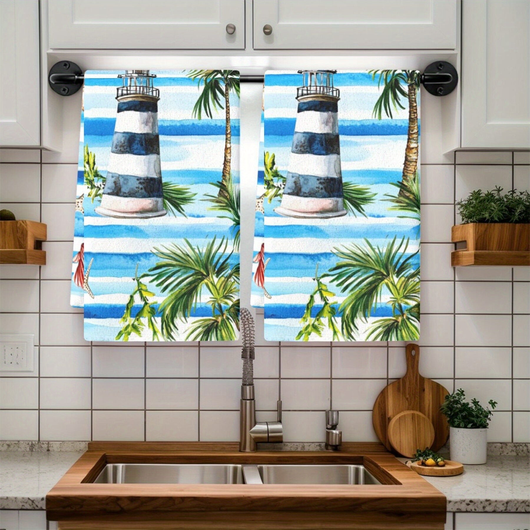 Set of 2 Tropical Lighthouse and Palm Tree Kitchen Towels Absorbent Polyester