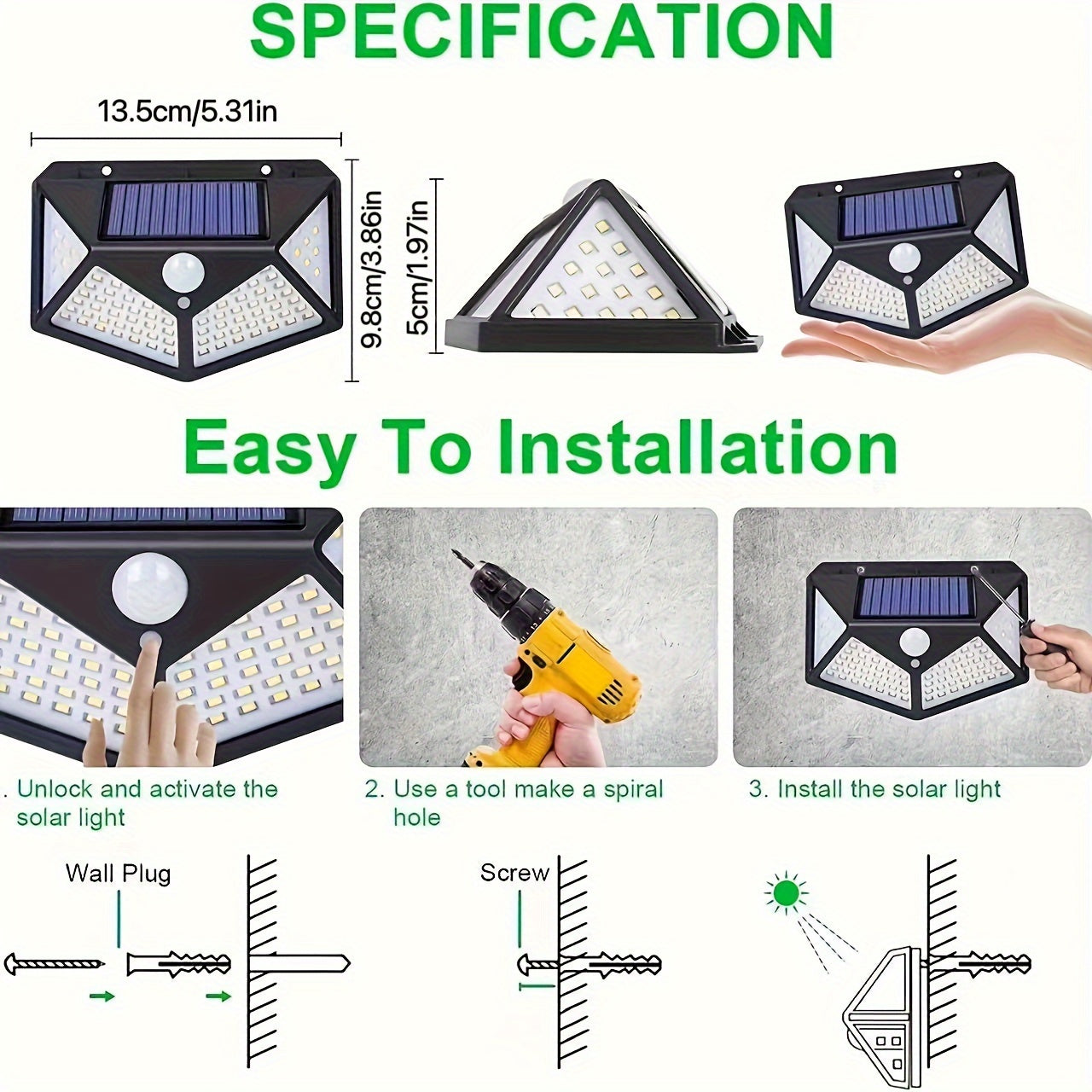 Solar Wall Light 100 LED Motion Sensor Outdoor Garden Patio Pathway 3 Modes